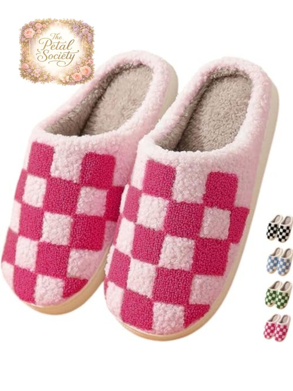 Checkered Fuzzy House Slippers Memory Foam Plush Cozy Warm Slip On Indoor